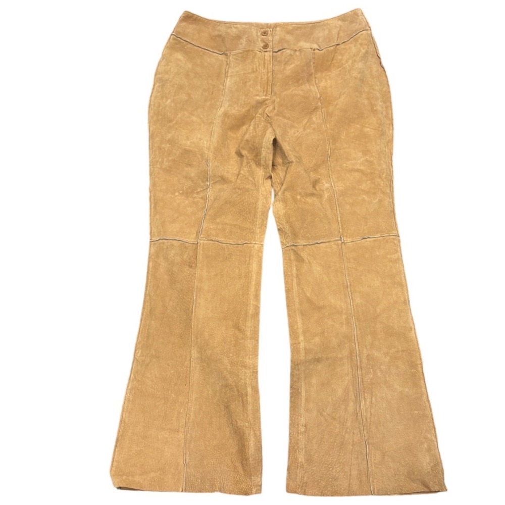 VTG Y2K Metrostyle Tan Suede Leather Patchwork Flare Pants 14 Boho Western Moto
